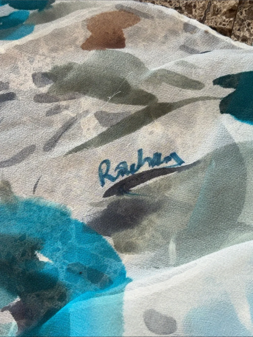 Artist Signed Watercolor Floral Sheer Chiffon Scarf Blue Gray White Oblong Wrap